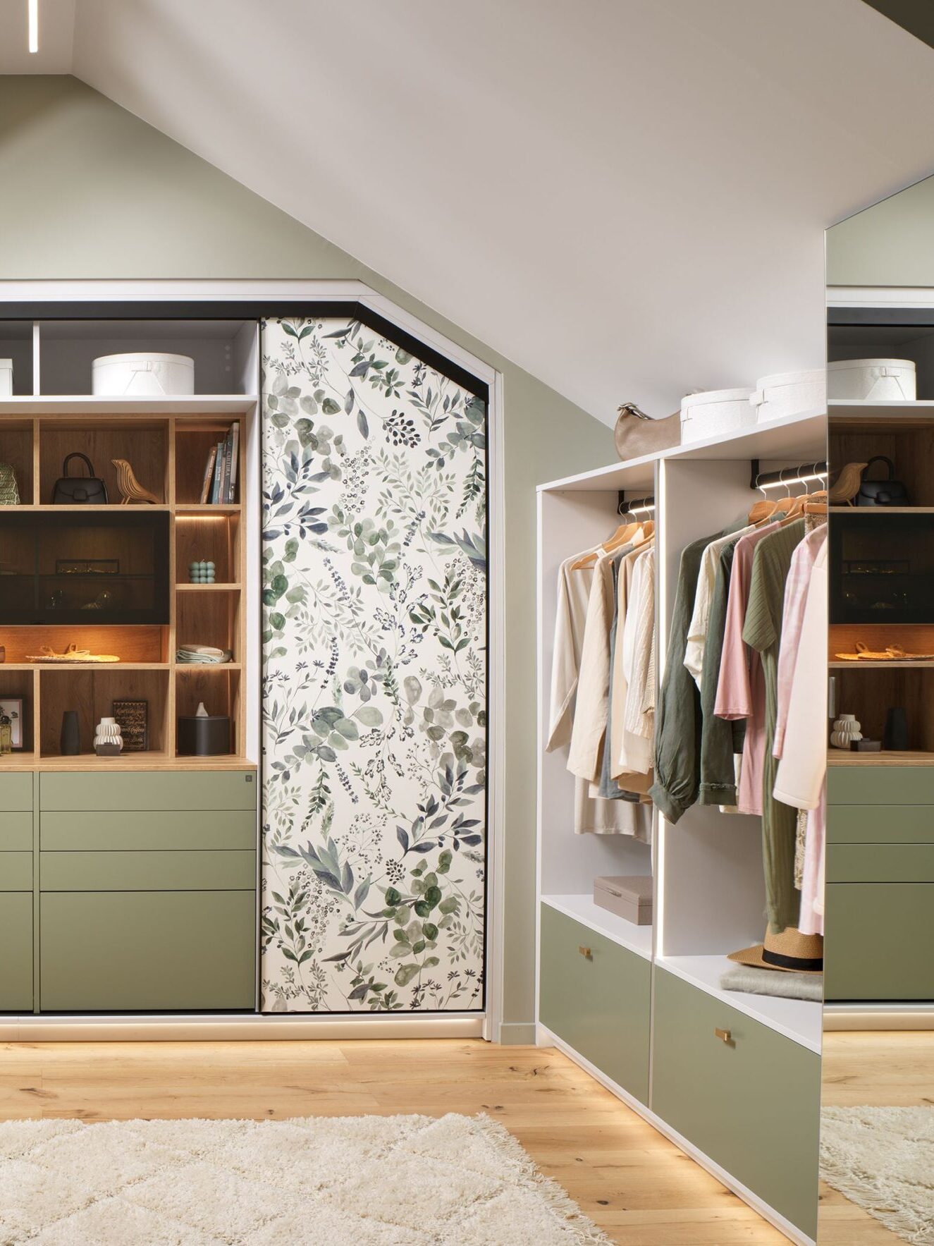 Die Ankleide bietet in diesem Schlafzimmer cleveren Stauraum unter der Dachschräge