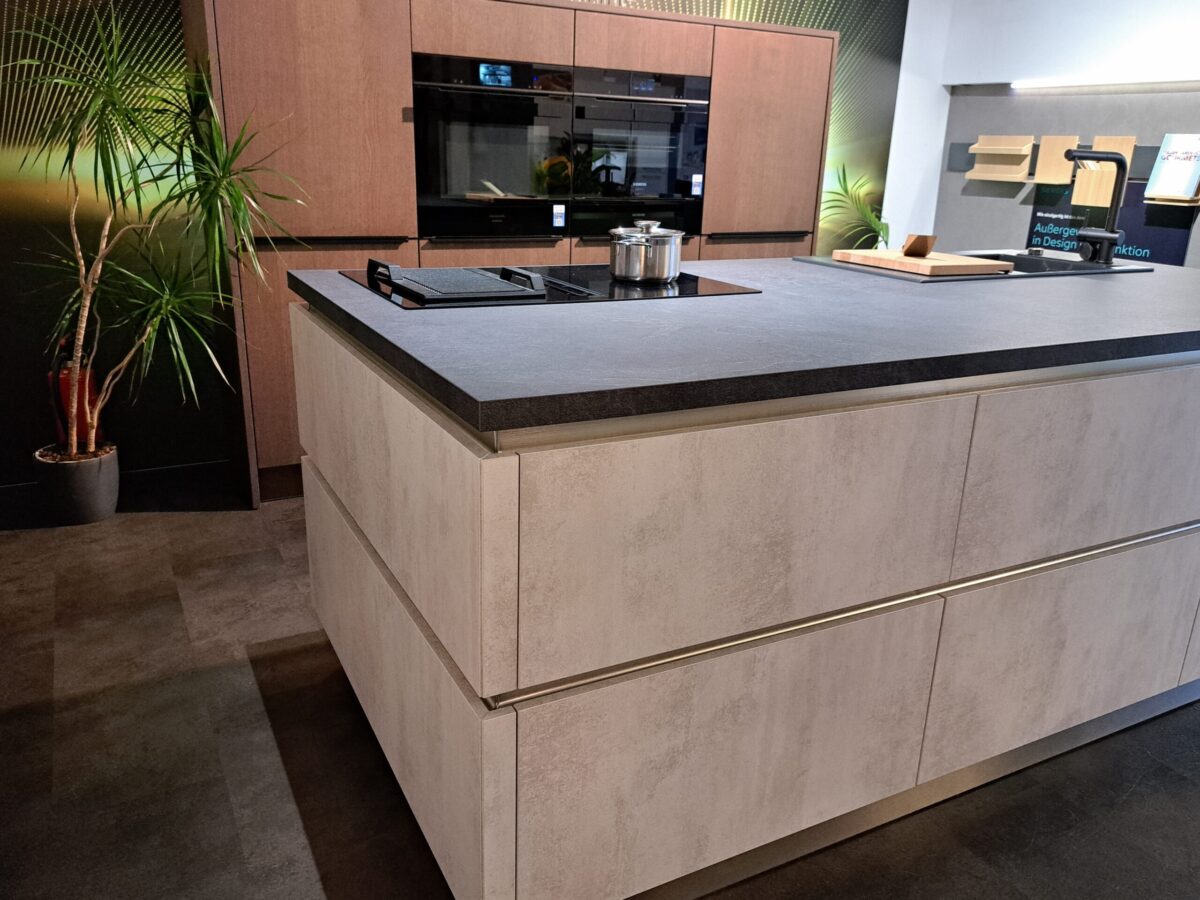 Eine moderne Küche mit einer großen Insel, einer dunklen Arbeitsplatte, einem eingebauten Herd, einem Topf, Holzschränken, einem Wandofen und einer hohen Topfpflanze in der Ecke.